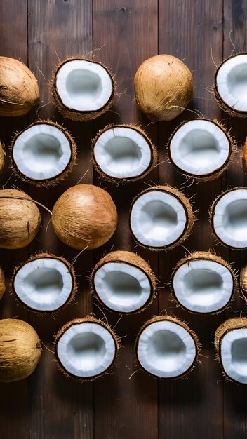 Świeże orzechy kokosowe gustownie ułożone na drewnianym tle