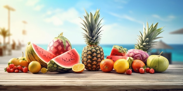 Świeże owoce arbuz i ananas na tle błękitnego nieba tropikalnej plaży Generative AI