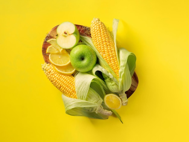Świeże owoce i warzywa w misce na żółtym tle