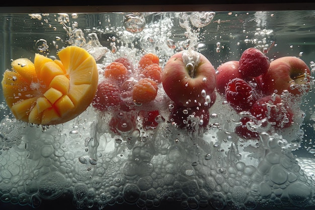Świeże owoce lub warzywa z kropelami wody tworzące reklamę fotografii żywności