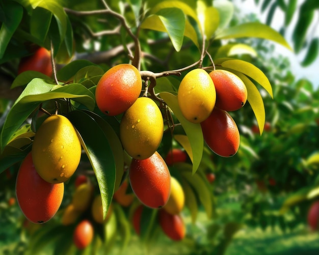 Świeże owoce mango latające w studio tle restauracji i ogrodu