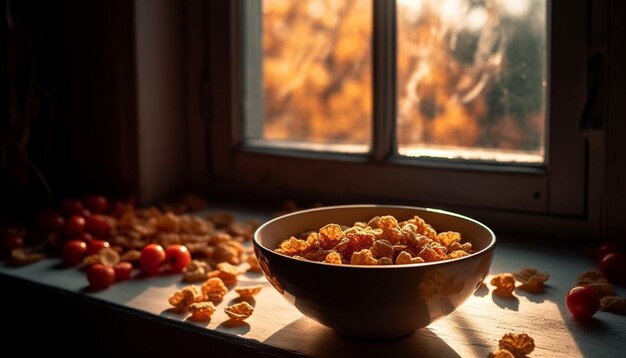 Świeże owoce organiczne na rustykalnej drewnianej misce zdrowa jesienna przekąska generowana przez AI