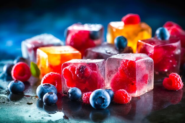 Świeże owoce zamrożone w kostkach lodu świeże zdrowe letnie jedzenie ai generatywne