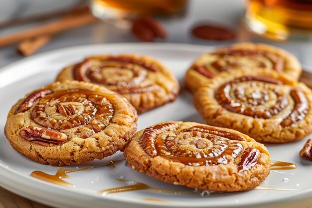 Zdjęcie Świeże pieczone ciasteczka z orzechami pecanowymi i syropem na białej ceramicznej talerzu słodkie domowe ciastka