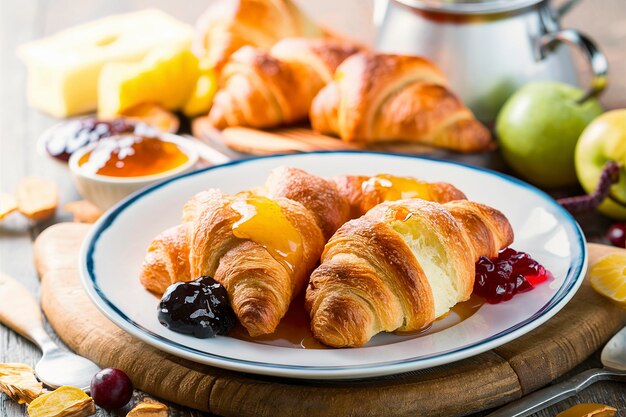 Świeże pieczone croissanty z dżemem z miodem i kawą na śniadanie