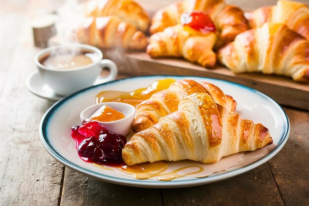 Świeże pieczone croissanty z dżemem z miodem i kawą na śniadanie