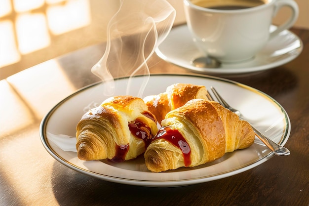 Świeże pieczone croissanty z dżemem z miodem i kawą na śniadanie