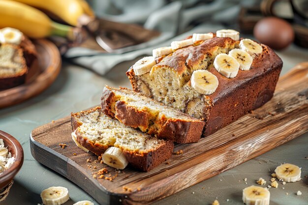 Zdjęcie Świeże pieczone kawałki chleba bananowego na drewnianej desce z dojrzałymi bananami i składnikami w stylu rustikalnym