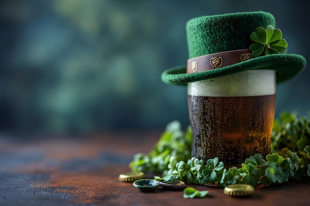 Świeże piwo i zielony kapelusz z szczęśliwą koniczyną z miejscem do kopiowania karty Dnia św. Patryka