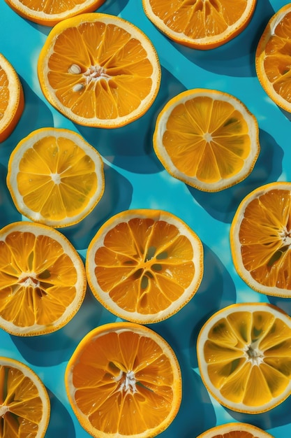 Zdjęcie Świeże plasterki pomarańczy na żywo niebieskim tle idealne dla produktów spożywczych i napojów