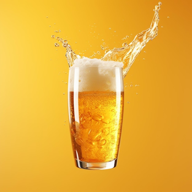 Świeże pływające zdjęcie piwa izolowane na żółtym tle Świeży napój piwny renderowanie 3D