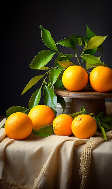 Świeże pomarańcze z liśćmi na drewnianym stole