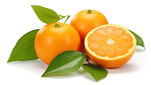 Świeże pomarańcze z zielonymi liśćmi na białym tle