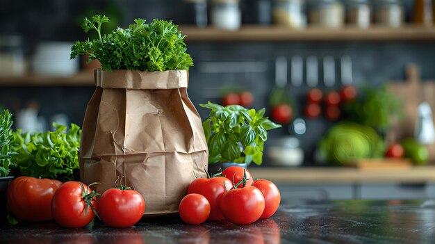 Świeże pomidory i zielone zioła w papierowej torbie na blacie kuchennym zdrowa żywność koncepcja zakupów zrównoważone życie z zero odpadów artykuły spożywcze podstawowe AI