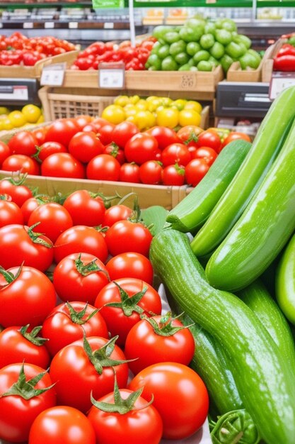 Świeże pomidory, papryka i ogórki na ladzie rynku spożywczego wegetariańskie tło handlu żywnością