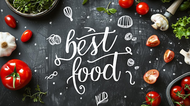 Świeże pomidory, zioła i czosnek na tablicy z najlepszym tekstem o jedzeniu