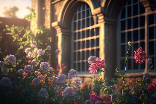 Zdjęcie Świeże poranne kwiaty zbliżenie na rozmazanym tle starożytnego zamku streszczenie generatywnej ilustracji ai