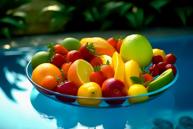 Świeże różne owoce basen tło koncepcja zdrowej żywności Ai generowane
