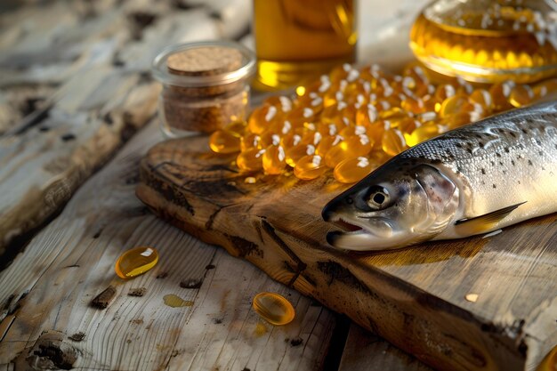 Zdjęcie Świeże ryby na drewnianej desce z kapsułkami omega-3 i butelkami oleju zdrowa koncepcja żywności w stylu wiejskim fotografia składnik skoncentrowany obraz ai