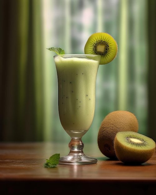 Zdjęcie Świeże smoothie kiwi lassi z owocami kiwi w studio tło restauracji z ogrodem