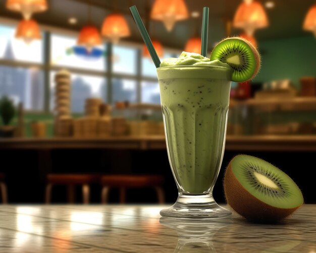 Świeże smoothie kiwi lassi z owocami kiwi w studio tło restauracji z ogrodem