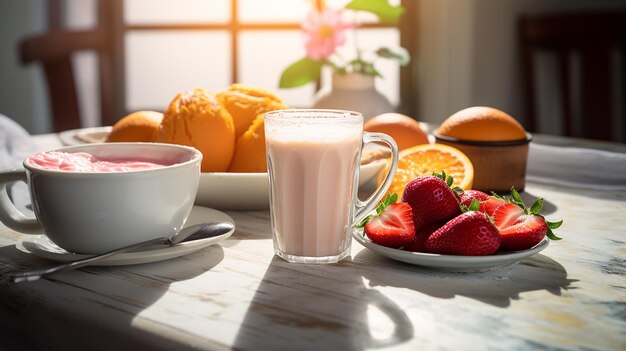 Świeże śniadanie z kawą i sokiem pomarańczowym