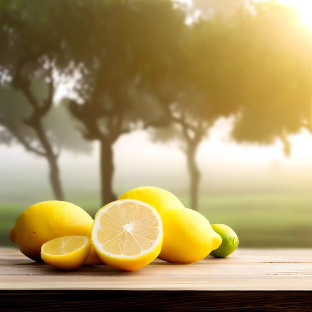 Świeże soczyste cytryny pomarańczowe na drewnianym stole w ogrodzie