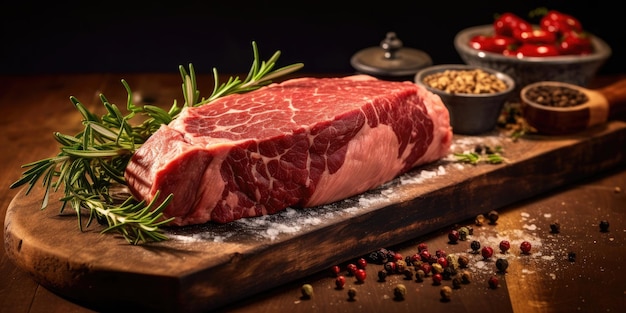 Świeże surowe mięso na drewnianym tle Naturalne przyprawy Zdjęcie wysokiej jakości Generative AI