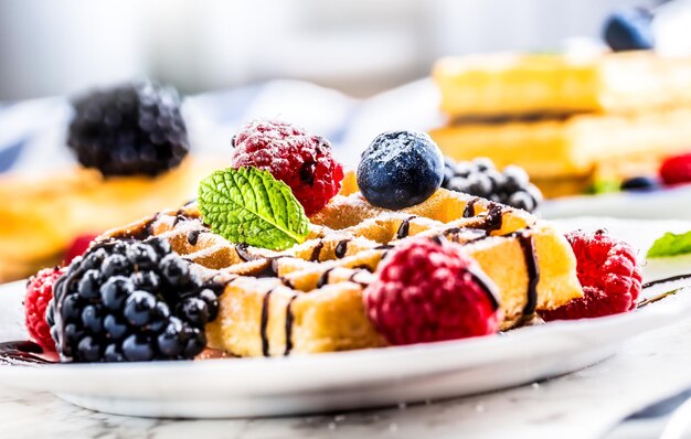 Zdjęcie Świeże wafle z czekoladowym syropem, jagodami, cukrem w proszku i liśćmi mięty