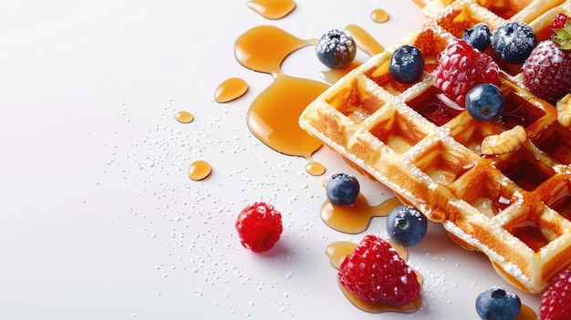 Świeże wafle z syropem z jagód i cukrem w proszku na białym tle