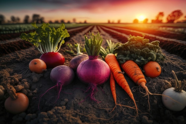Świeże warzywa groszek rzodkiewka pomidor marchew burak na ziemi w gospodarstwie o zachodzie słońca Zdrowa żywność ekologiczna rolnictwo AI Generation