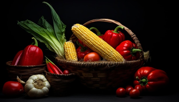 świeże warzywa i kukurydza na czarnym tle
