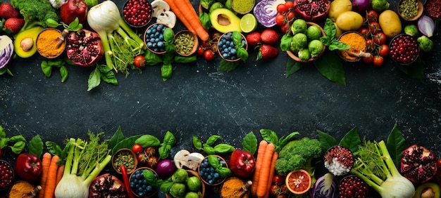 Zdjęcie Świeże warzywa i owoce: koper włoski, awokado, granat, jagody, kapusta i bazylia. ekologiczne zdrowe wegańskie jedzenie. na czarnym tle kamienia.