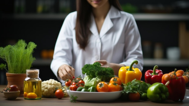 Świeże warzywa i owoce na biurku z dietetyką pracującą w biurze