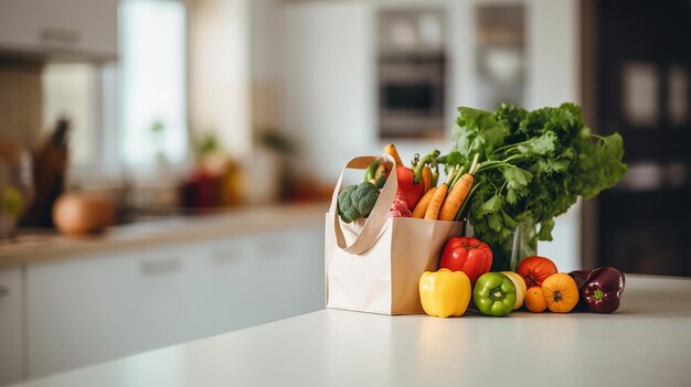 świeże warzywa i owoce w nowoczesnej kuchni w torbie na zakupy