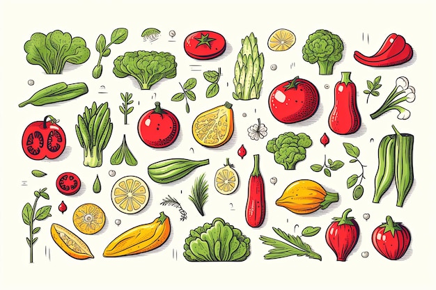 Świeże warzywa i ręcznie narysowana ilustracja z zdrowym jedzeniem na białym tle