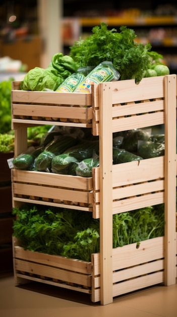 Świeże Warzywa W Drewnianych Skrzynkach Na Półkach Supermarketów