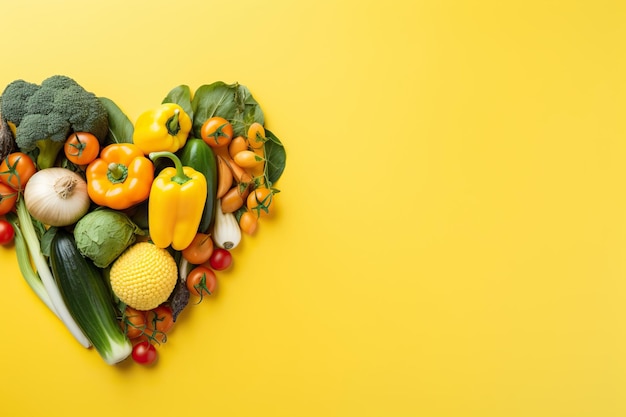 Świeże warzywa w kształcie serca na żółtym tle Koncepcja zdrowej żywności