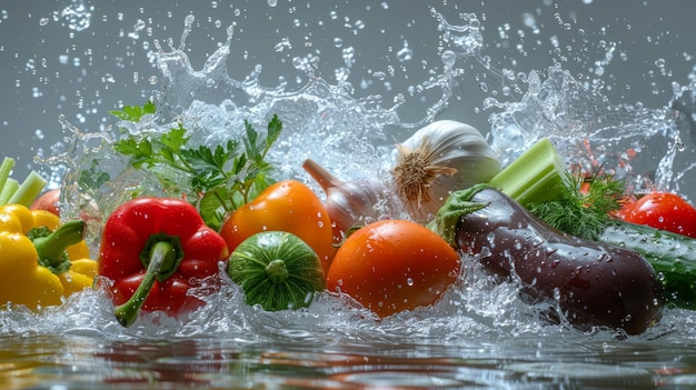 Świeże warzywa wpadające do wody z rozpryskami na szarym tle Tło żywności