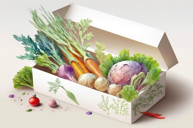 Zdjęcie Świeże warzywa zebrane z ogrodu i umieszczone w białym pudełku