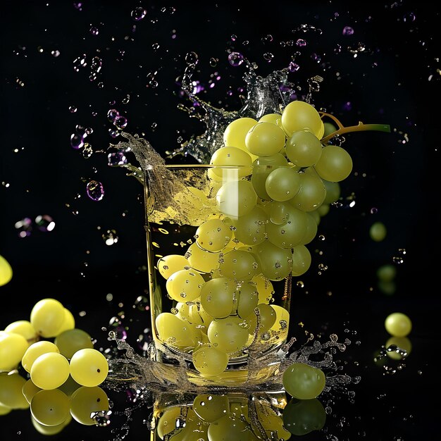Świeże winogrona wlewające się do szklanki soku na ciemnym tle urzekający i żywy obraz oddający esencję orzeźwienia AI