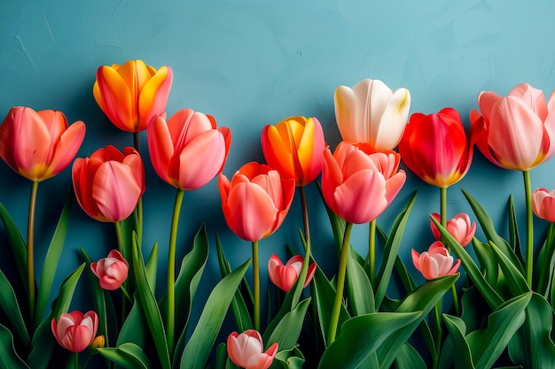Świeże wiosenne kwiaty tulipanów jako design pocztówki świątecznej kolorowego tła z przestrzenią dla tekstu