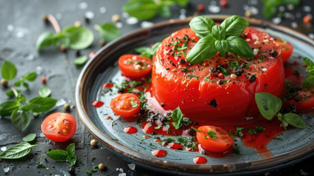 Świeże wypełnione pomidory na talerzu z ziołami i przyprawami