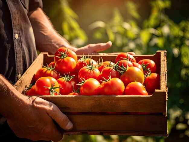 Świeże zebrane pomidory w drewnianym pudełku trzymanym przez rolnika