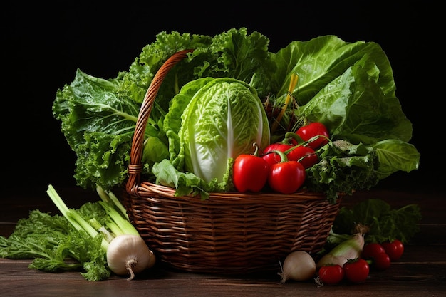Świeże zebrane warzywa ułożone w koszyku z sałatką i ziołami
