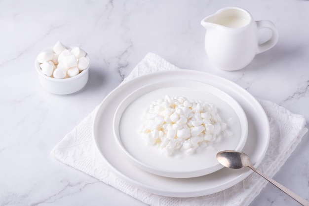 Świeże ziarno twarogu w białej misce i marshmallows Twaróg w granulkach ze śmietaną Copy space