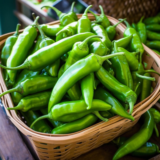 Świeże zielone chili w drewnianym koszyku