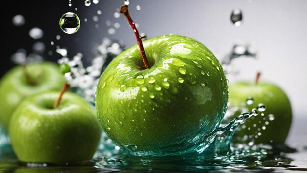 Zdjęcie Świeże zielone jabłka z kropelami wody i rozpryskami na szarym tle