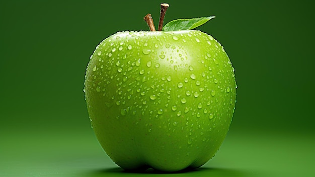 Świeże zielone jabłka z liśćmi i kropelami wody