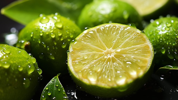 Świeże zielone limonki pokryte kroplami wody